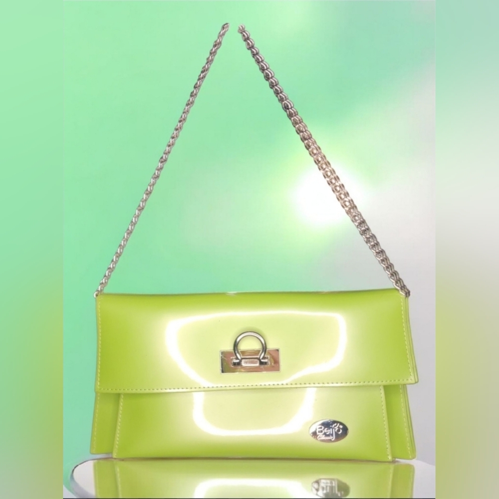 Beijo Lime Green Convertible Clutch And Shoulder Bag In Patent Leather